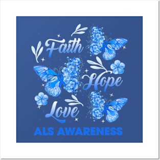 ALS Awareness Faith Hope Love Butterfly, Blue Ribbon Posters and Art